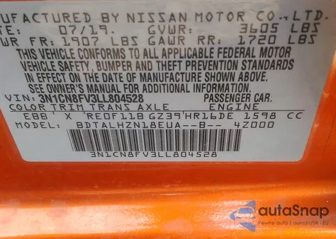 2020 Nissan Versa Sr Xtronic Cvt from USA, damaged, VIN 3N1CN8FV3LL804528